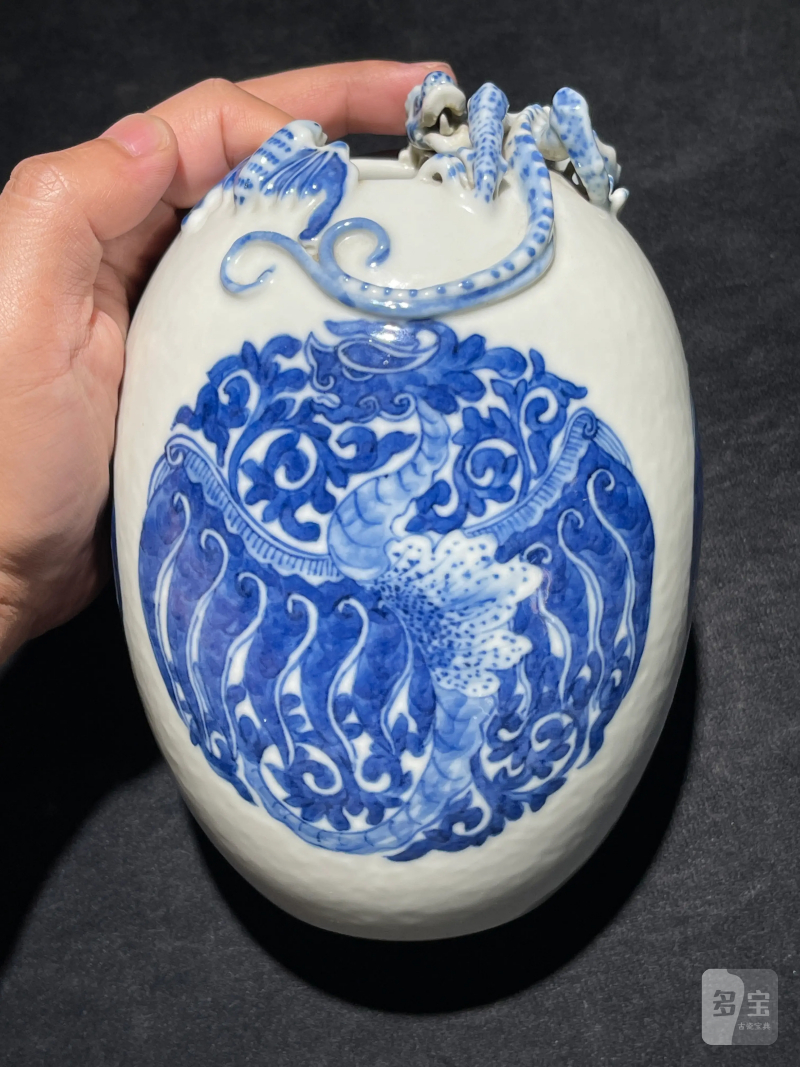 清晚期 青花团凤纹堆塑龙纹水盂 - 图3